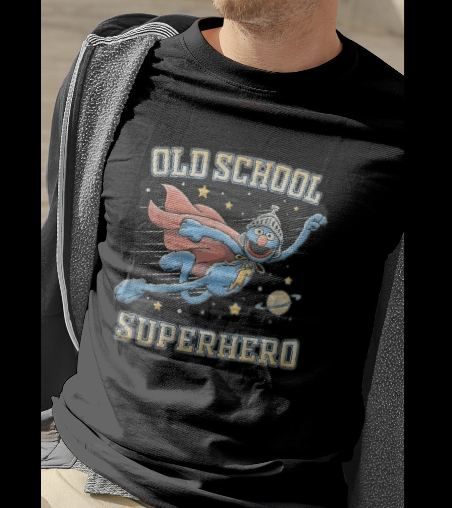 Old School Superhero Distressed Cartoon Super Grover Flying Outer Space Stars Planet T-Shirt