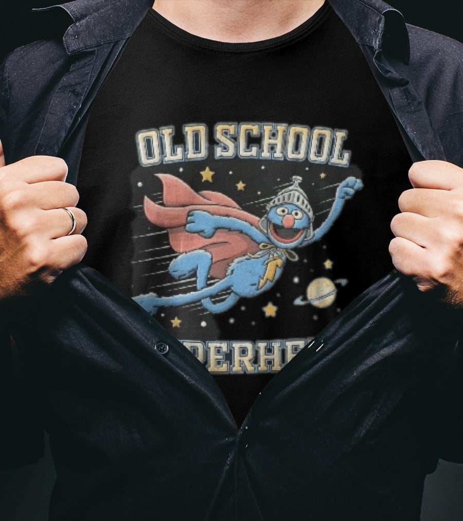 Old School Superhero Distressed Cartoon Super Grover Flying Outer Space Stars Planet T-Shirt