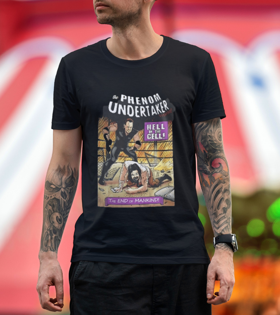 The Phenom Undertaker Hell In The Cell End Of Mankind Cartoon Wrestler Standing Over Opponent T-Shirt