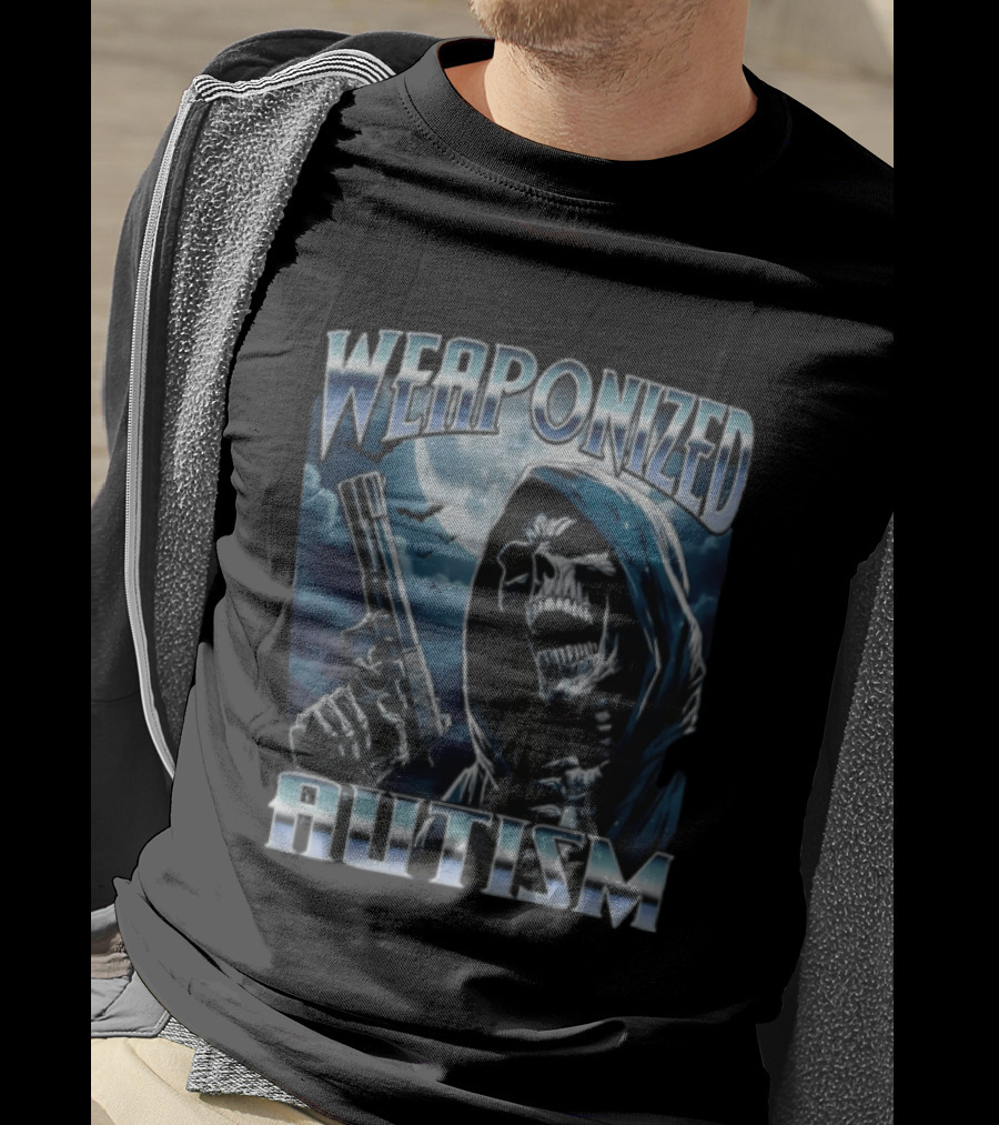 Weaponized Autism Skeleton With Gun Under Moonlight T-Shirt