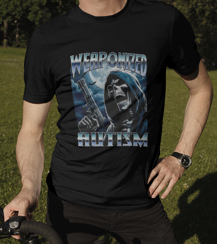Weaponized Autism Skeleton With Gun Under Moonlight T-Shirt