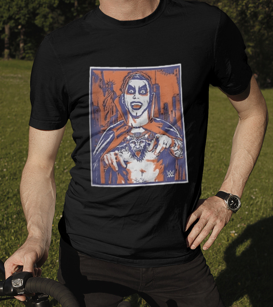 WWE Facepaint Wrestler At Liberty Statue Skyline With Demon Tattoo T-Shirt