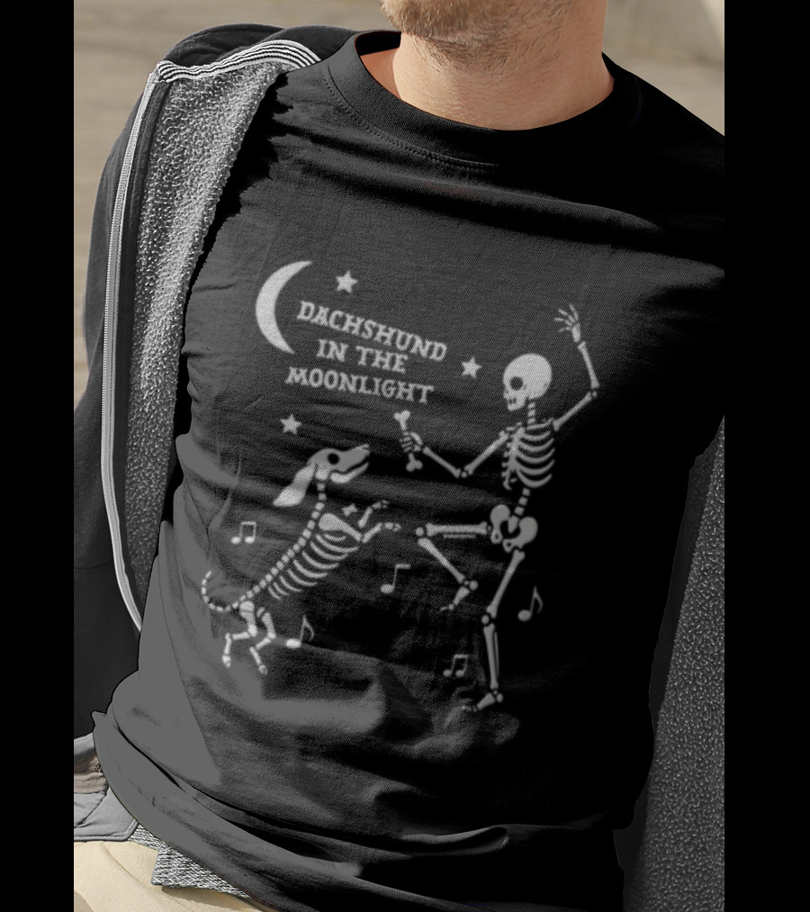 Dachshund In The Moonlight Skeleton Dancing With Dog Music Notes T-Shirt