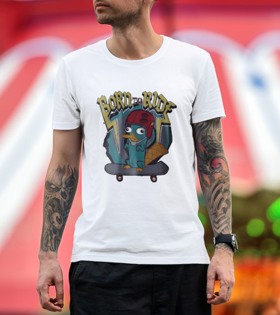 Born To Ride Cartoon Platypus Red Helmet Skateboard T-Shirt