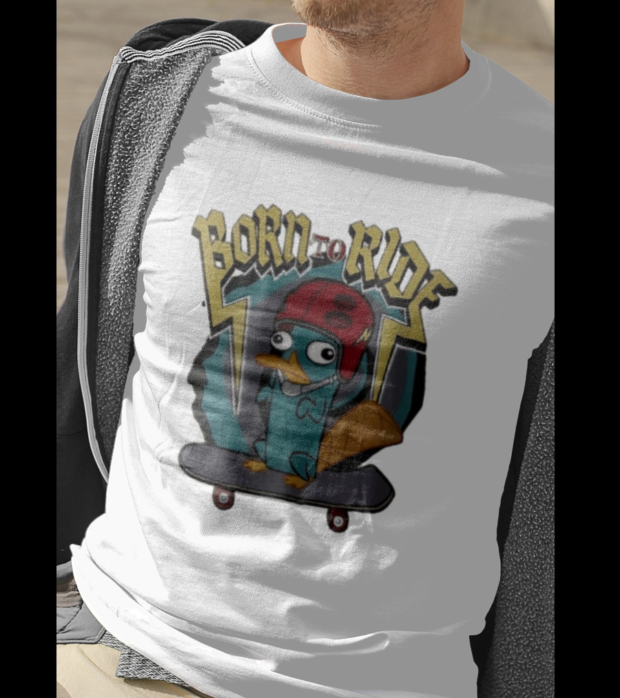 Born To Ride Cartoon Platypus Red Helmet Skateboard T-Shirt