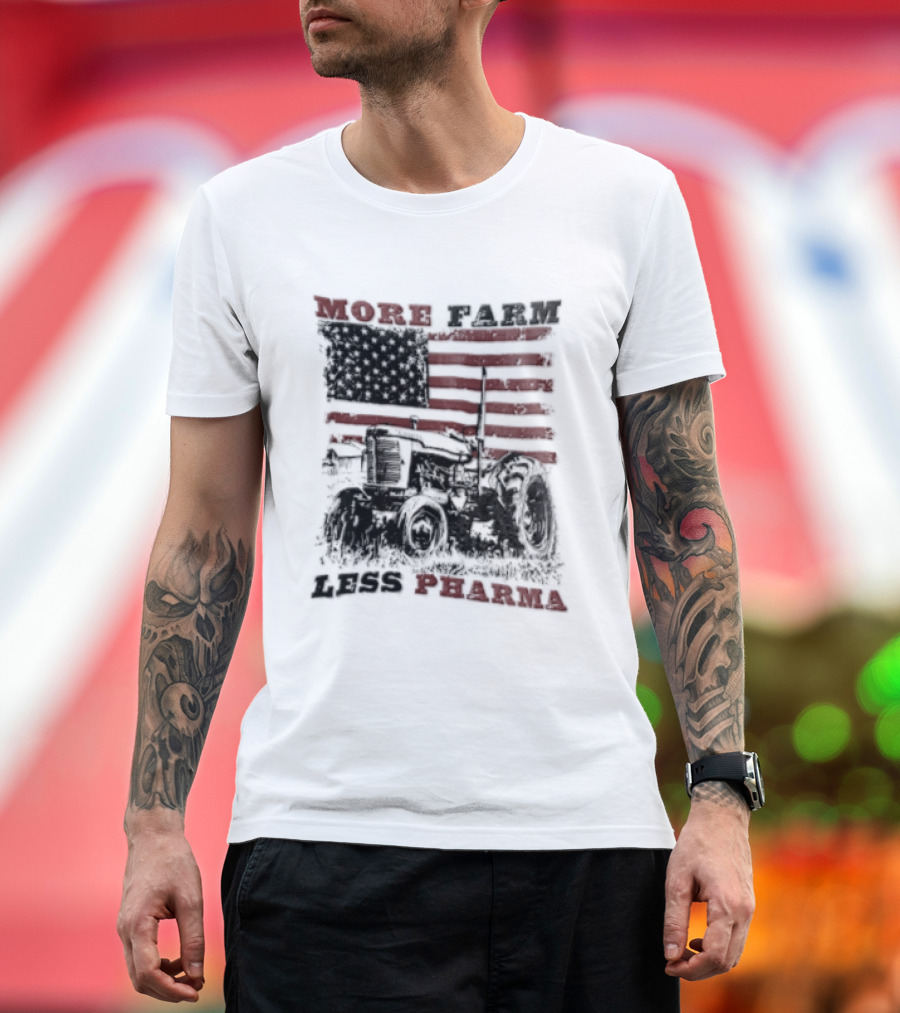 More Farm Less Pharma Distressed American Flag Tractor T-Shirt