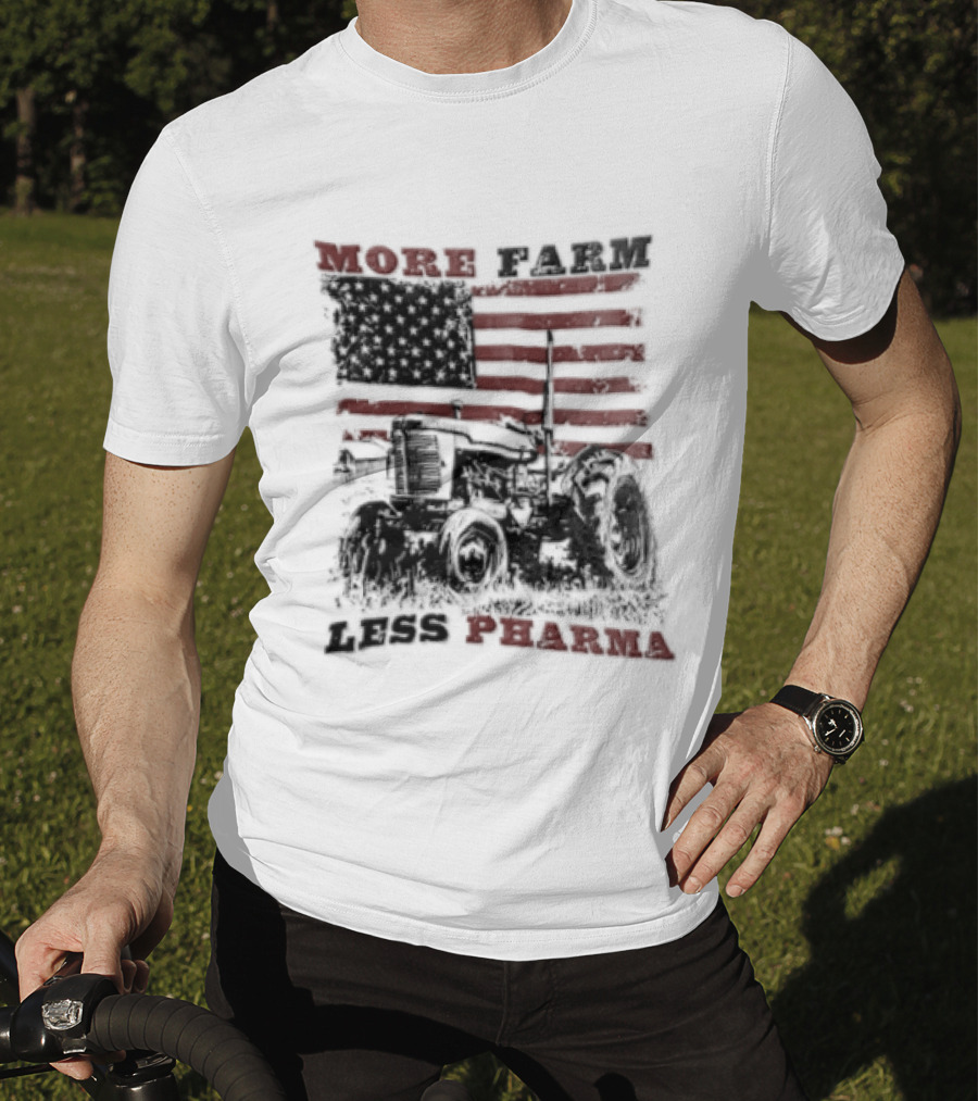 More Farm Less Pharma Distressed American Flag Tractor T-Shirt