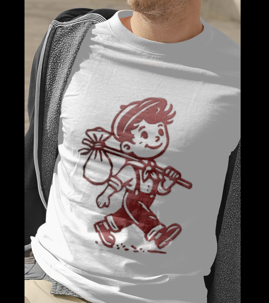 Red Line Cartoon Boy With Bindle Knapsack Stick Drawing T-Shirt