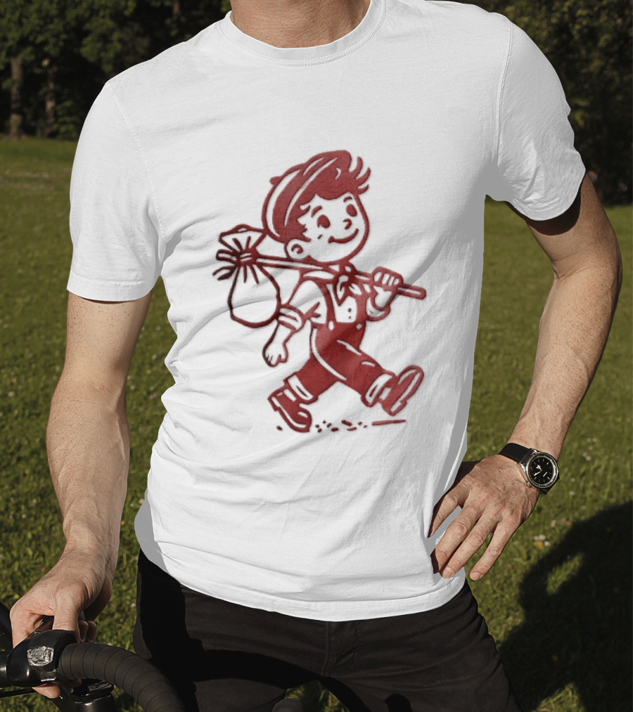 Red Line Cartoon Boy With Bindle Knapsack Stick Drawing T-Shirt