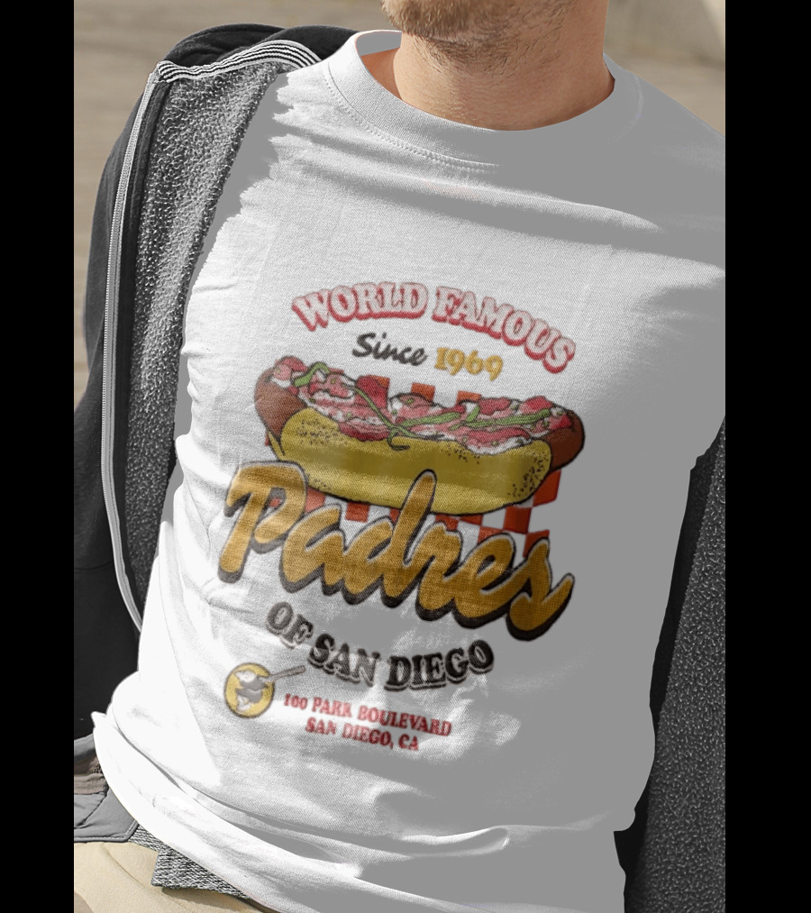 World Famous Padres Of San Diego Since 1969 Halftone Hot Dog 100 Park Boulevard CA T-Shirt