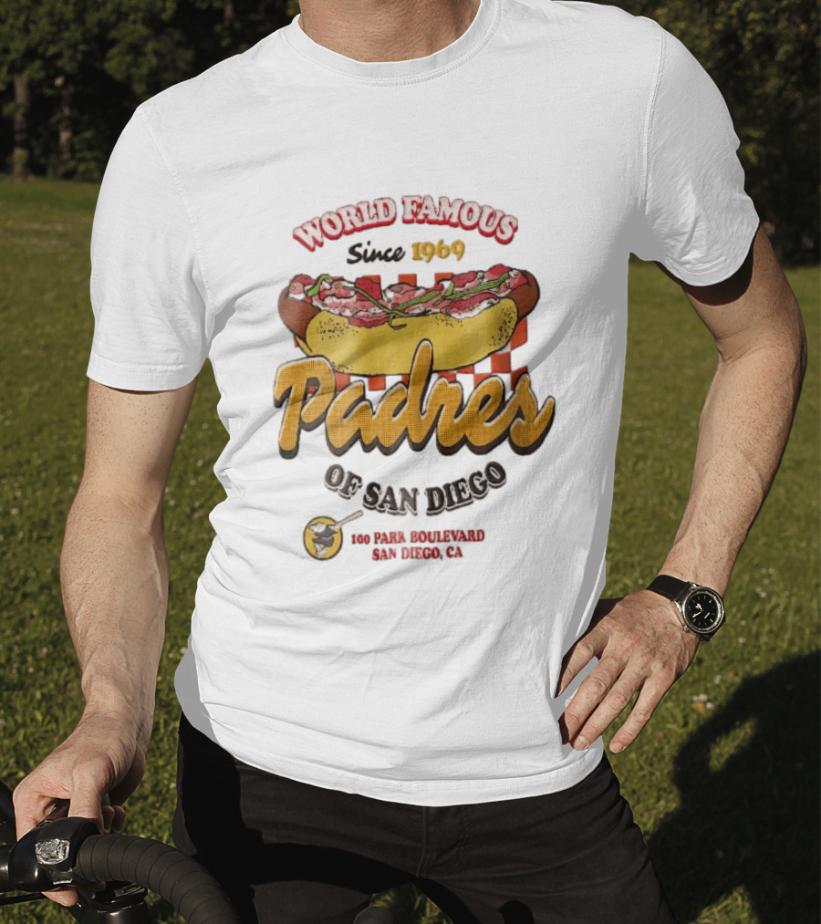 World Famous Padres Of San Diego Since 1969 Halftone Hot Dog 100 Park Boulevard CA T-Shirt
