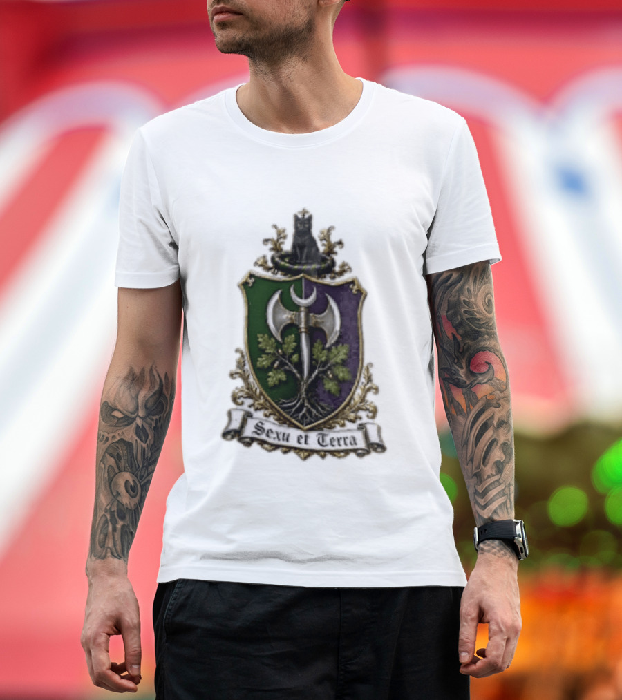 Sexu Et Terra Green Purple Shield Black Cat Axe And Tree Crest T-Shirt