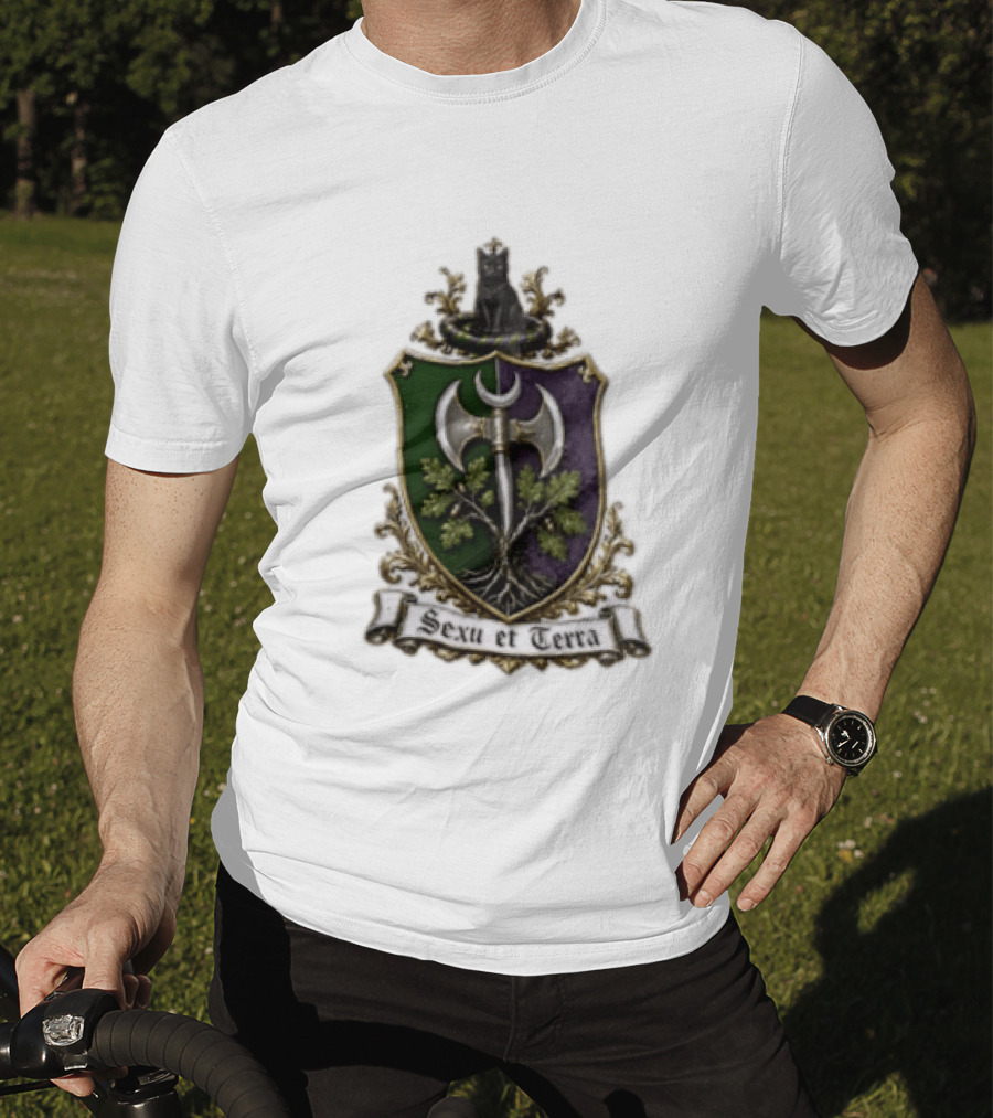 Sexu Et Terra Green Purple Shield Black Cat Axe And Tree Crest T-Shirt