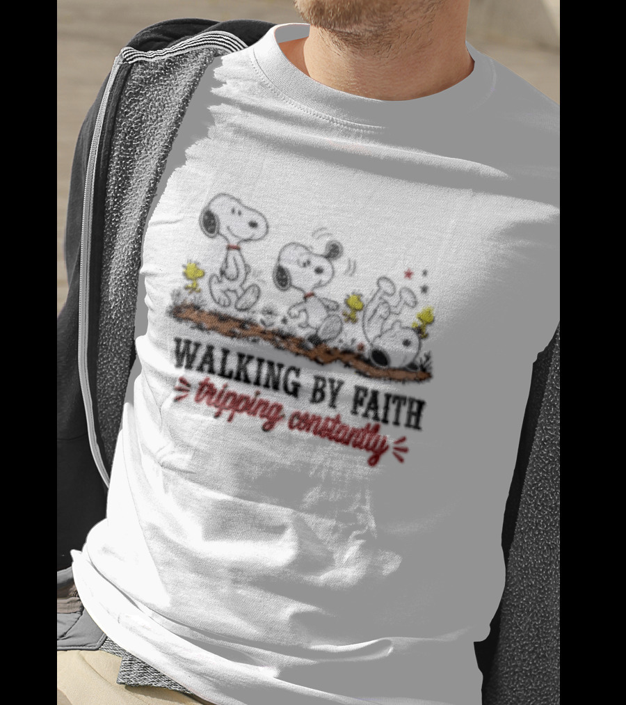 Snoopy Walking By Faith Tripping Constantly With Woodstock Friends T-Shirt