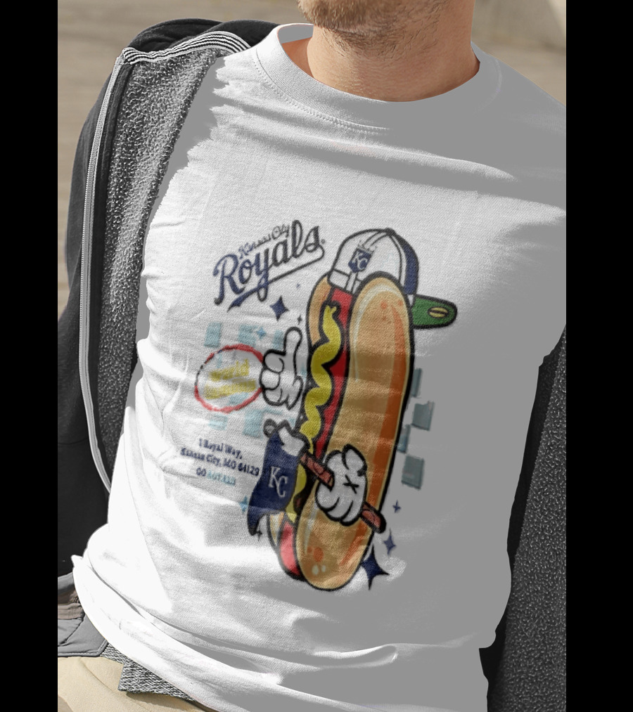 Kansas City Royals World Famous 1 Royal Way Mo 64129 Cartoon Hot Dog KC Cap T-Shirt