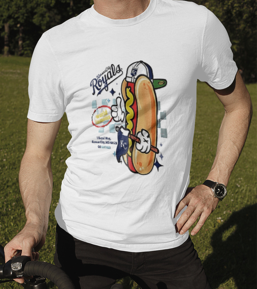 Kansas City Royals World Famous 1 Royal Way Mo 64129 Cartoon Hot Dog KC Cap T-Shirt