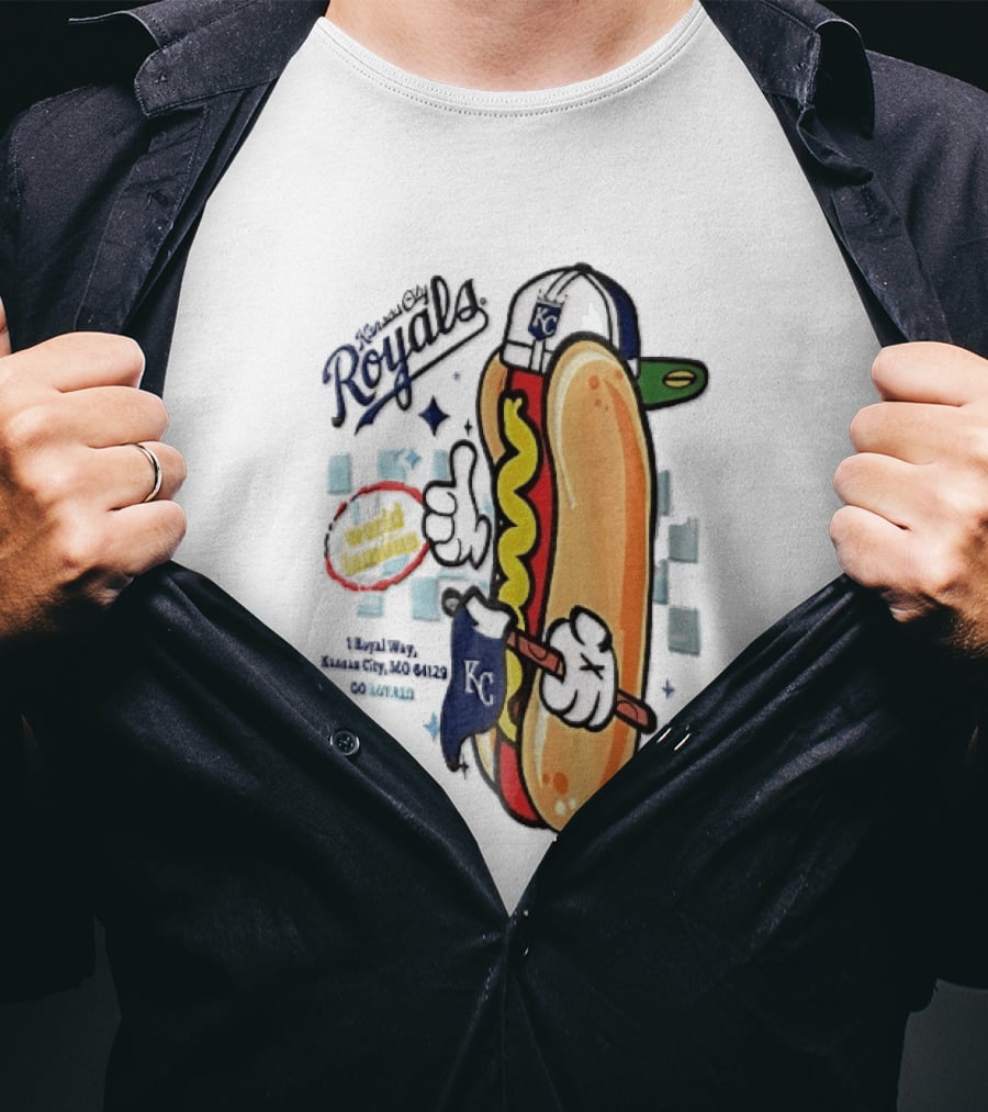 Kansas City Royals World Famous 1 Royal Way Mo 64129 Cartoon Hot Dog KC Cap T-Shirt