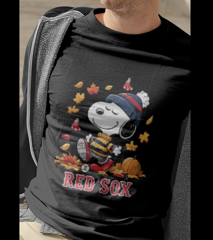 Boston Red Sox Snoopy Walking With Autumn Leaves And Pumpkin T-Shirt
