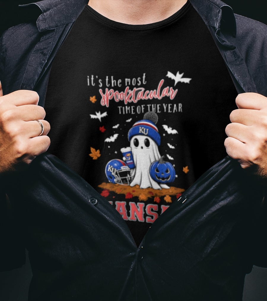 Kansas Jayhawks It's The Most Spooktacular Time Of Year Ghost Beanie Pumpkin T-Shirt