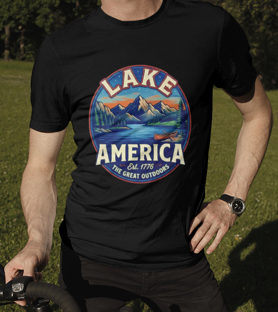 Lake America The Great Outdoors Est. 1776 Mountain Scene Canoe T-Shirt