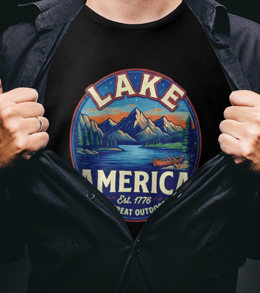 Lake America The Great Outdoors Est. 1776 Mountain Scene Canoe T-Shirt