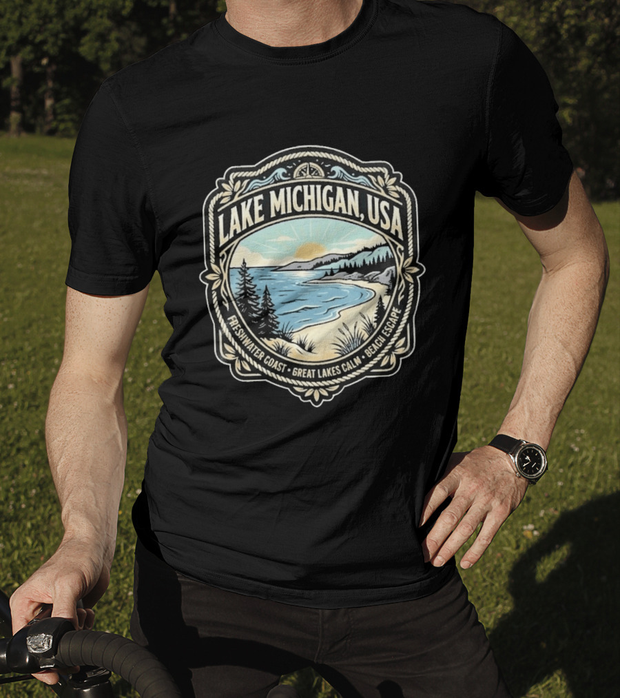 Lake Michigan USA Freshwater Coast Great Lakes Calm Beach Escape T-Shirt