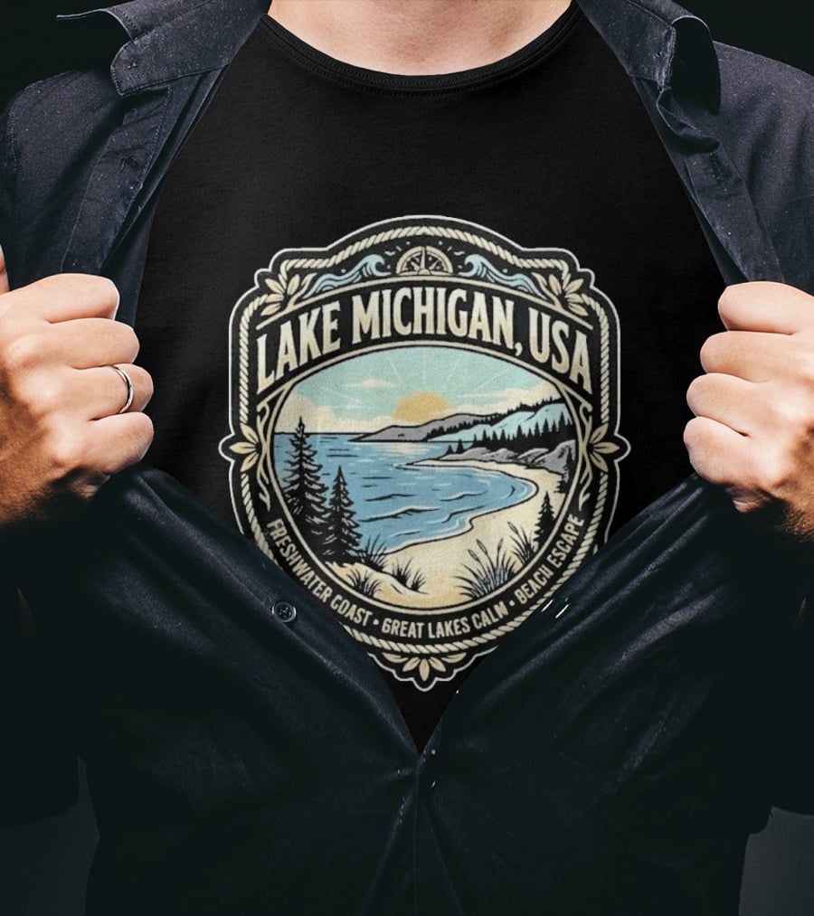 Lake Michigan USA Freshwater Coast Great Lakes Calm Beach Escape T-Shirt