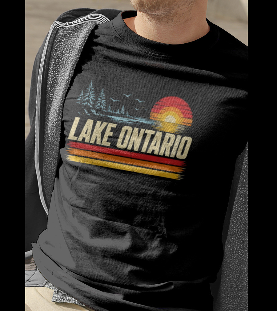 Lake Ontario Sunset Vintage Style With Pines And Birds T-Shirt