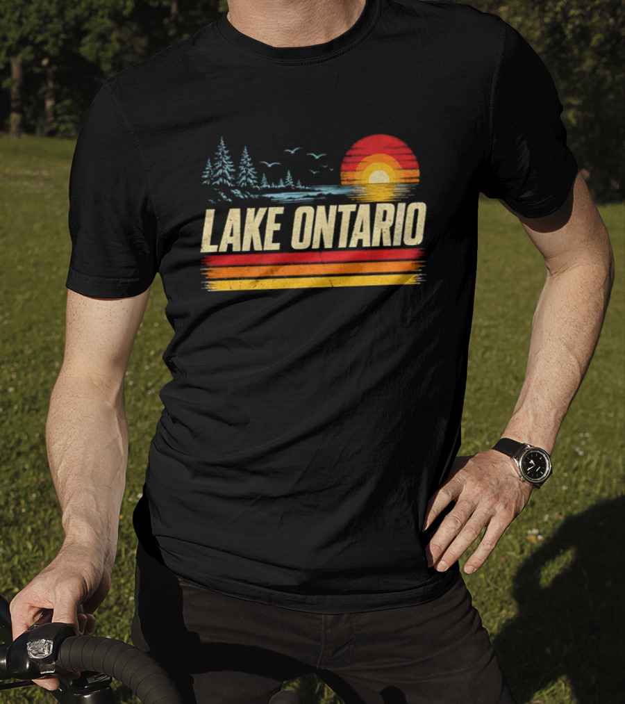 Lake Ontario Sunset Vintage Style With Pines And Birds T-Shirt