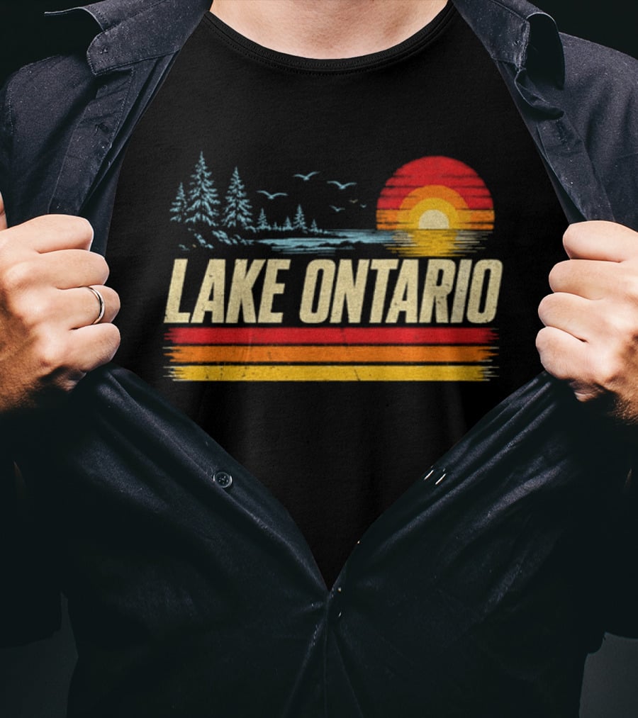 Lake Ontario Sunset Vintage Style With Pines And Birds T-Shirt