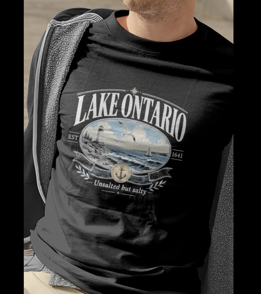 Lake Ontario Unsalted But Salty EST 1641 Seagull Lighthouse Sailboat Scene T-Shirt