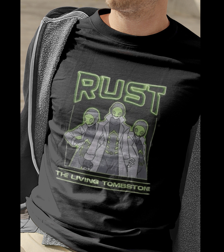 RUST The Living Tombstone Three Masked Figures Glowing Neon Trench Coats T-Shirt