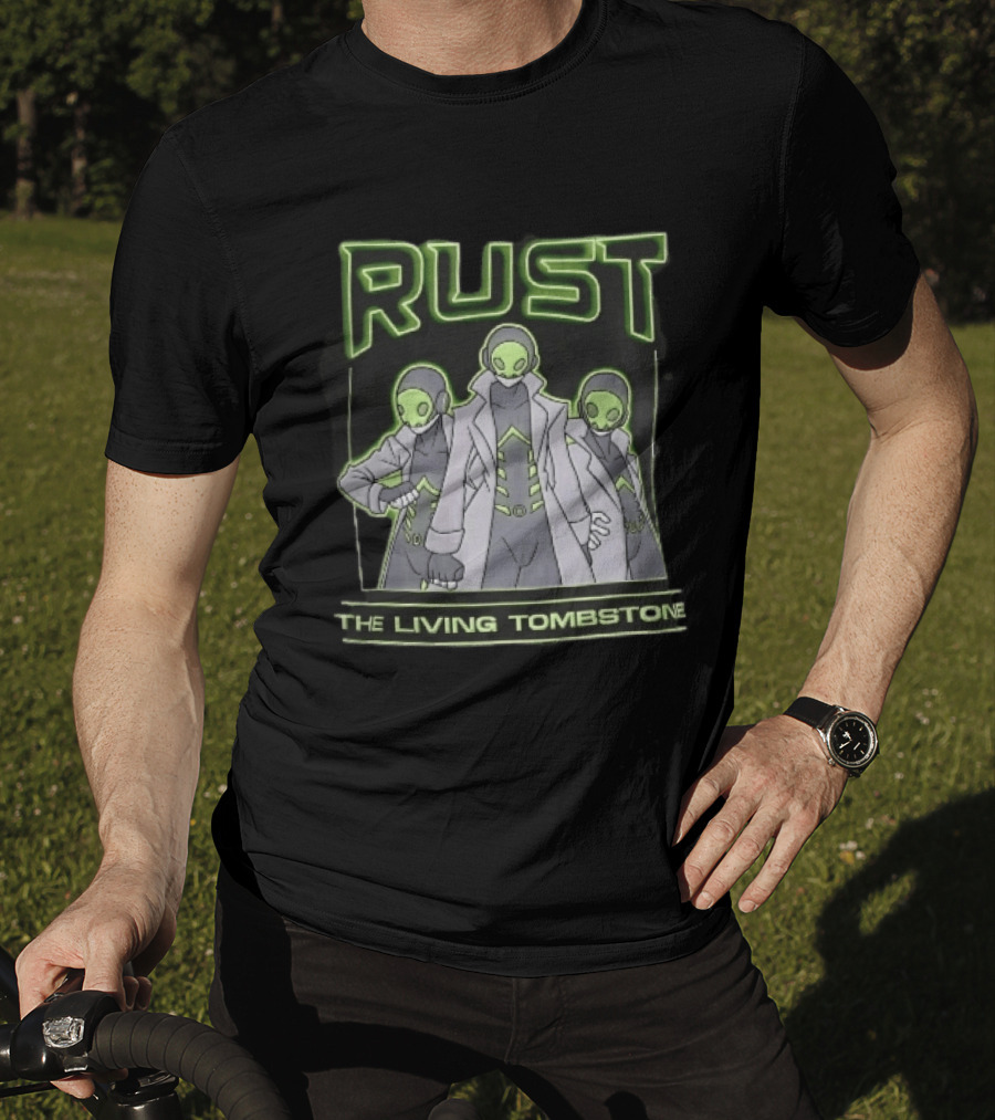 RUST The Living Tombstone Three Masked Figures Glowing Neon Trench Coats T-Shirt
