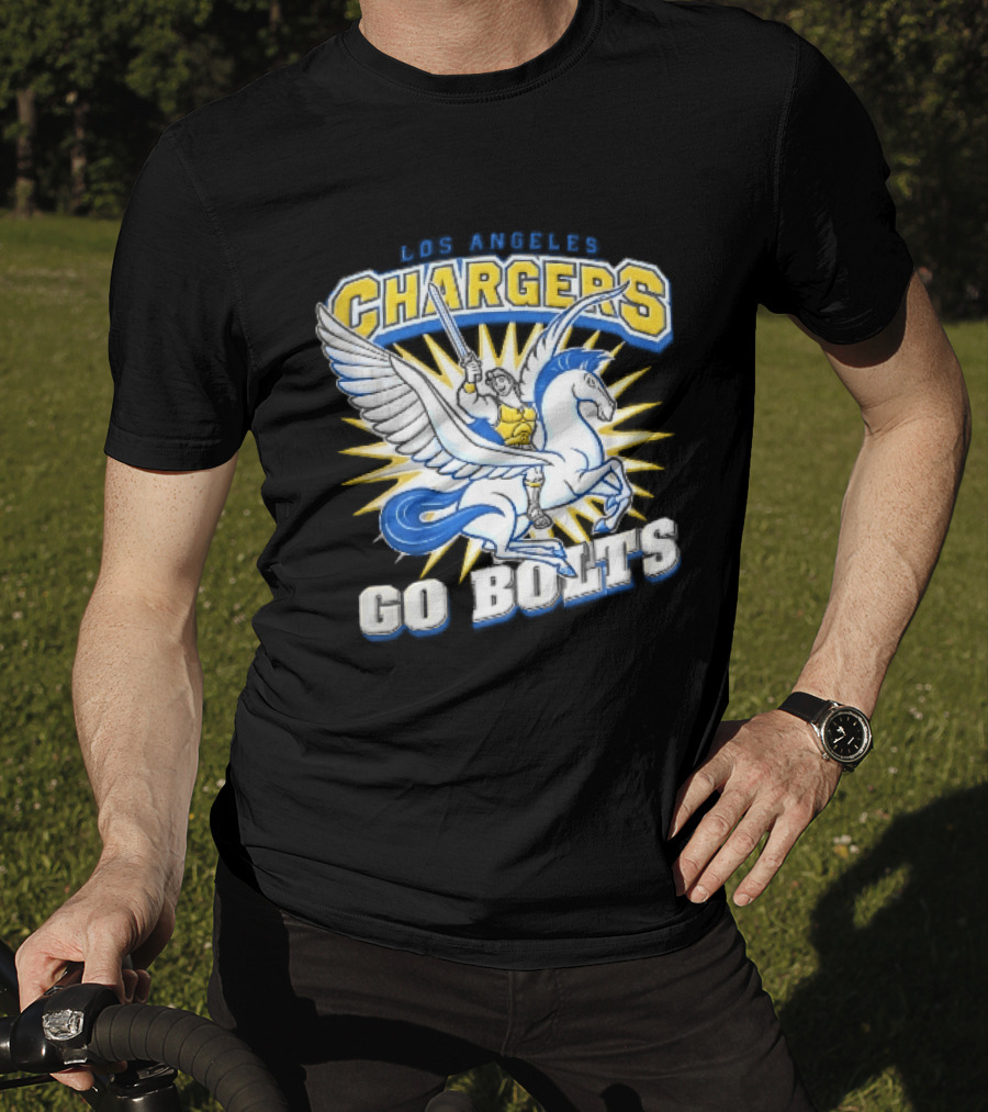 Los Angeles Chargers Go Bolts Hercules Pegasus Sword Cartoon Sunburst T-Shirt