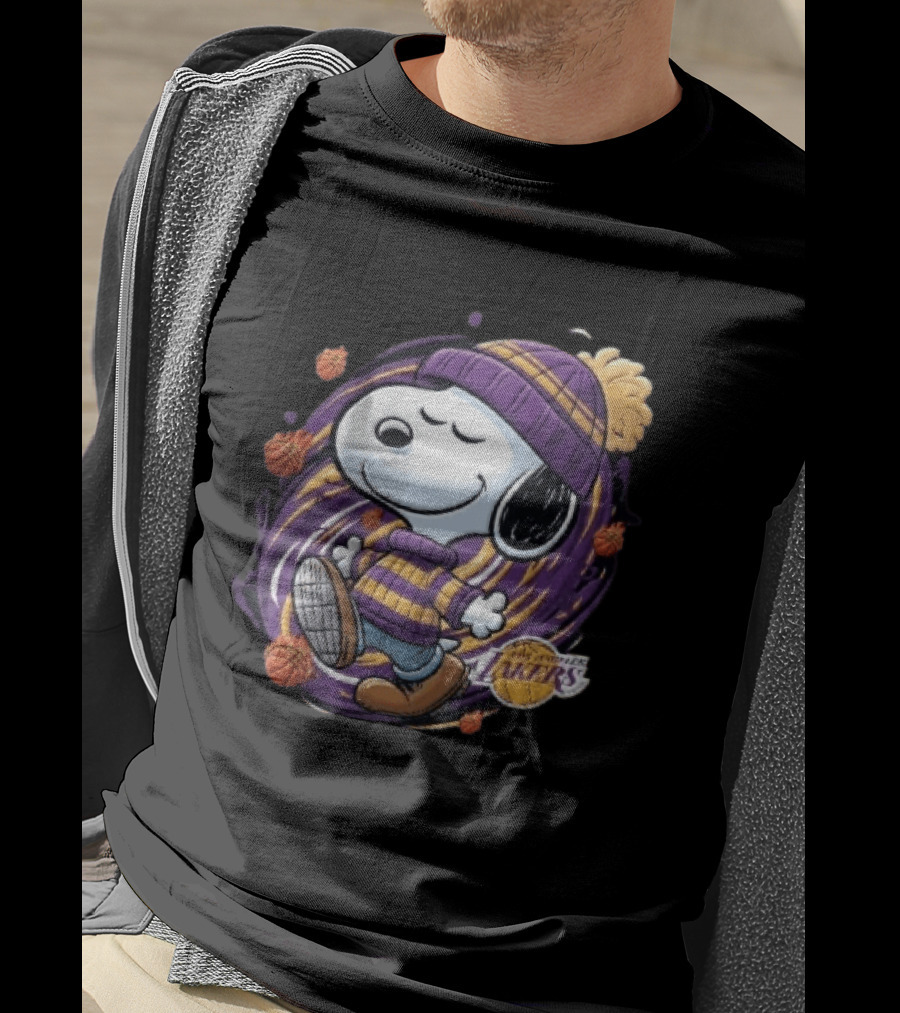 Los Angeles Lakers NBA Snoopy Cartoon Beanie Swirl Flaming Basketballs T-Shirt