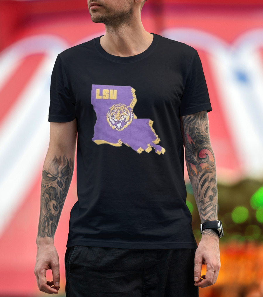 LSU Tigers NCAA Roaring Head Louisiana Map T-Shirt