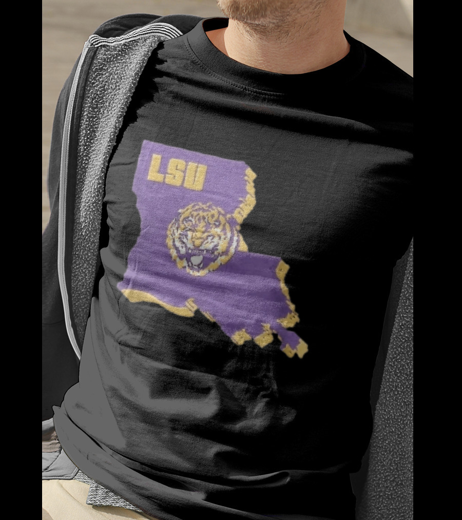 LSU Tigers NCAA Roaring Head Louisiana Map T-Shirt