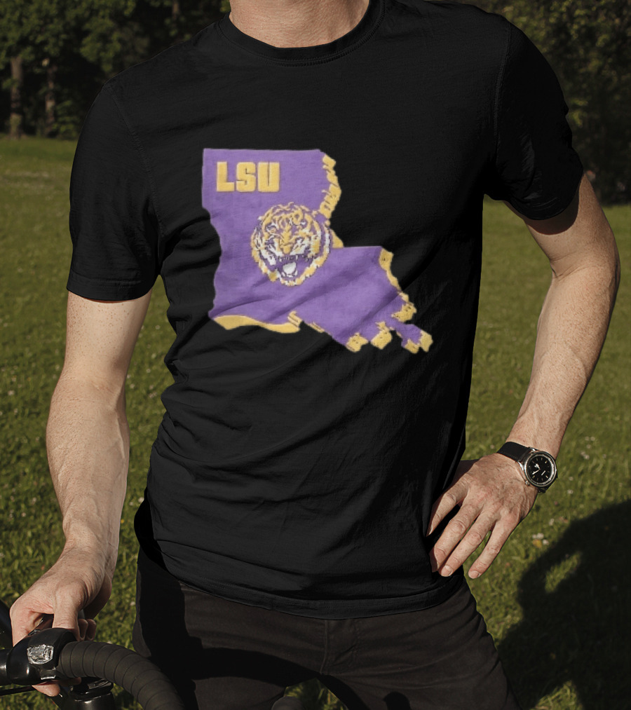 LSU Tigers NCAA Roaring Head Louisiana Map T-Shirt