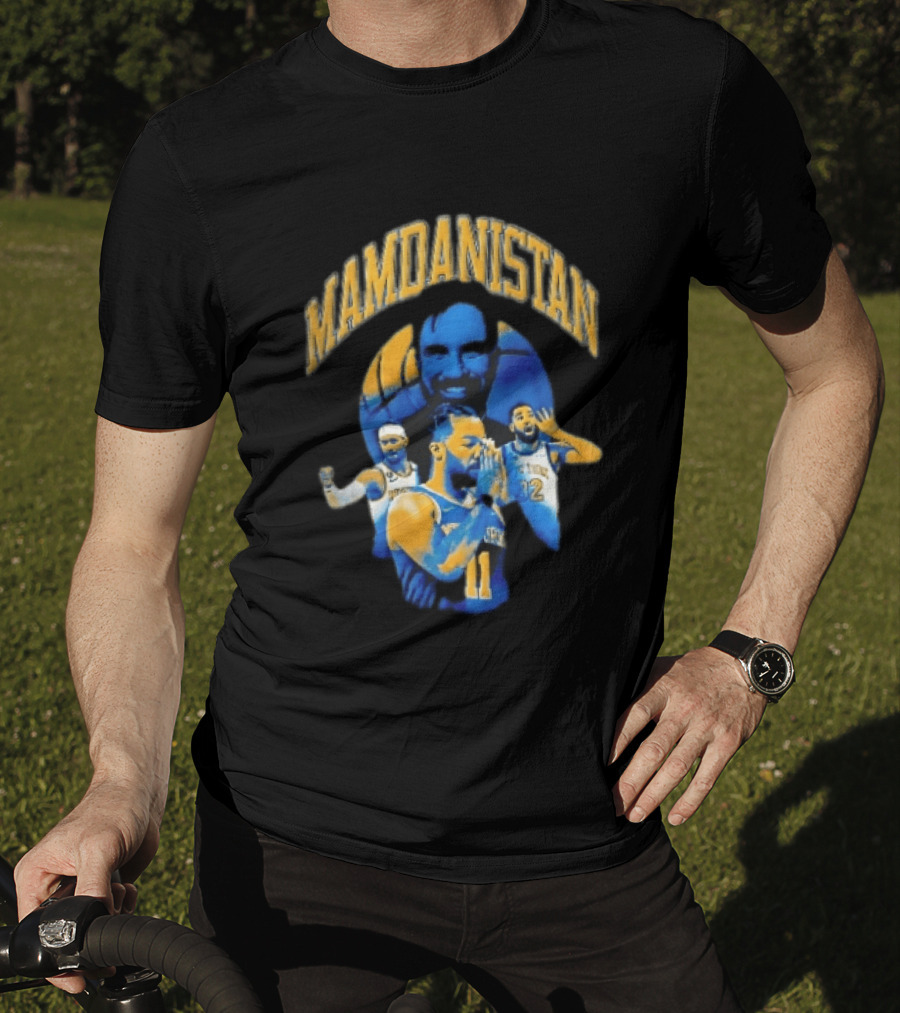 Mamdanistan Jalen Brunson Karl Anthony Towns Zohran Mamdani Halftone Basketball Collage T-Shirt