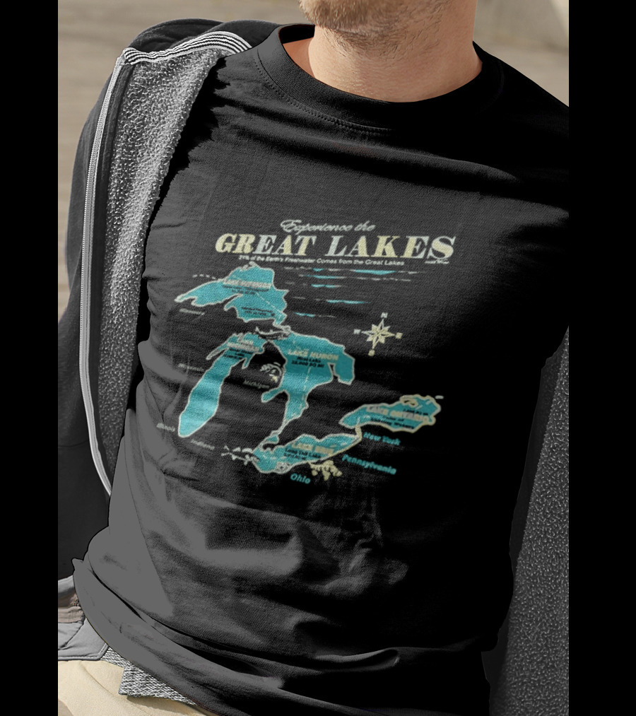 Experience The Great Lakes Map United States Geography Featuring Lake Michigan Superior Huron Erie Ontario T-Shirt