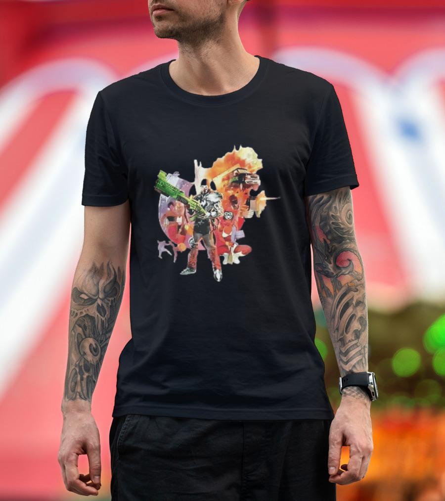 Masked Skeleton Soldier Green Rifle Fire Explosion Flying Truck Collage T-Shirt