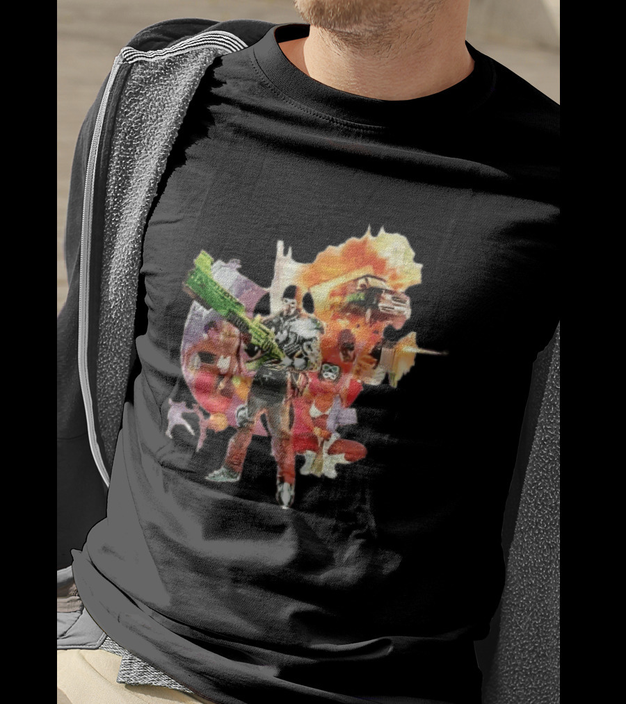 Masked Skeleton Soldier Green Rifle Fire Explosion Flying Truck Collage T-Shirt