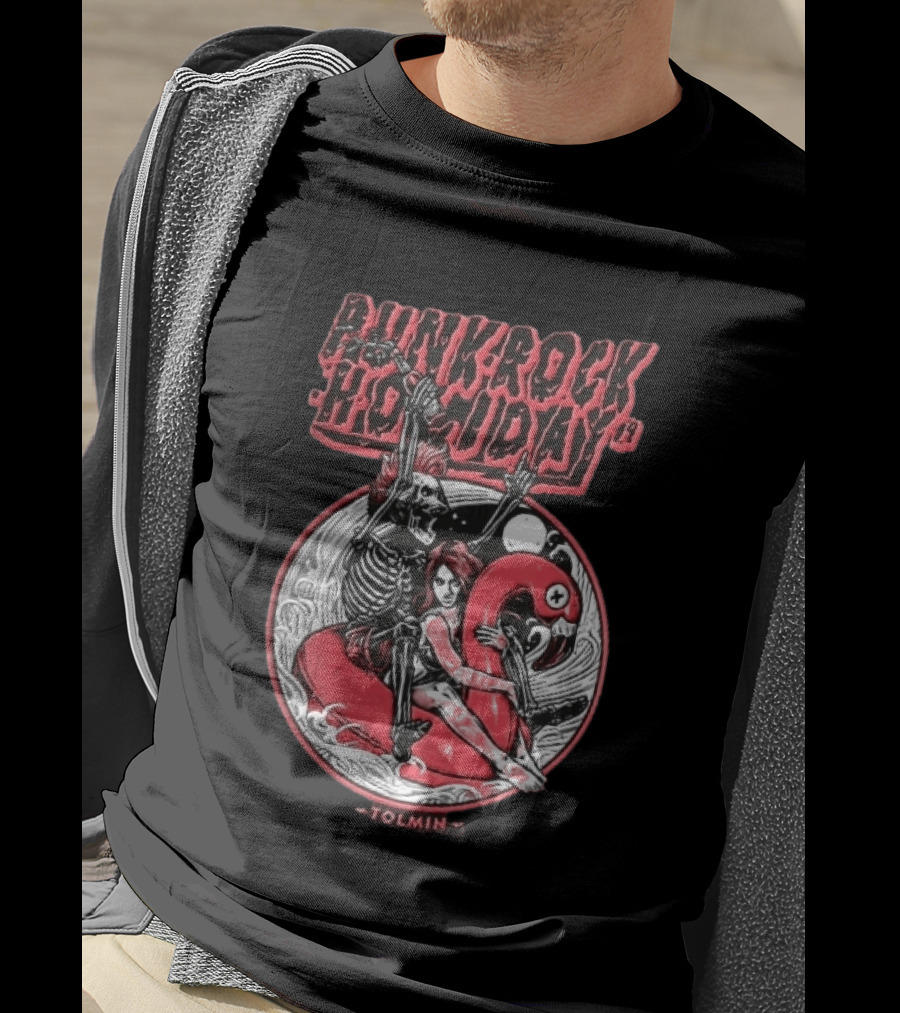 Punk Rock Holiday 19 Tolmin Mohawk Skeleton Riding Pink Flamingo Ocean Waves T-Shirt