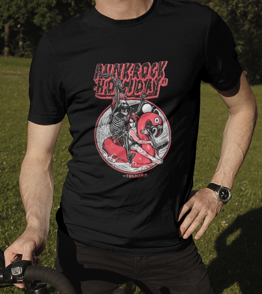Punk Rock Holiday 19 Tolmin Mohawk Skeleton Riding Pink Flamingo Ocean Waves T-Shirt