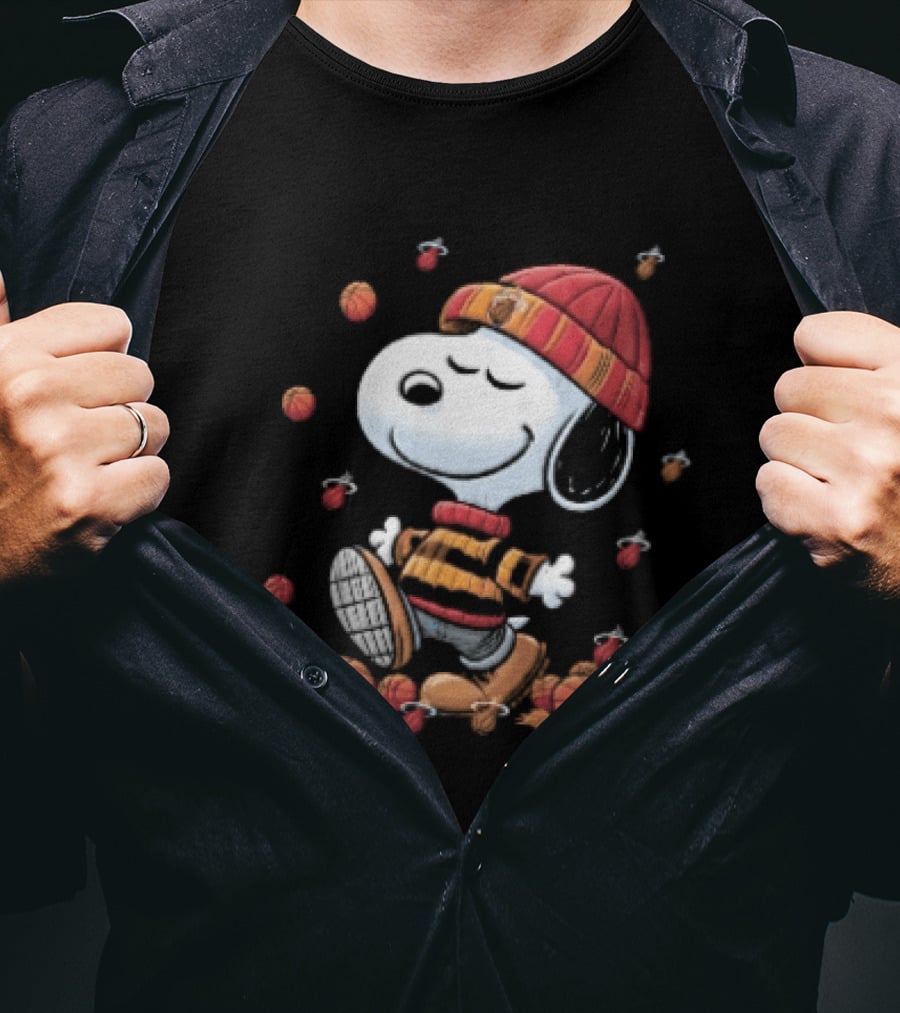 Miami Heat NBA Snoopy Walking Beanie Striped Flaming Basketballs Black T-Shirt