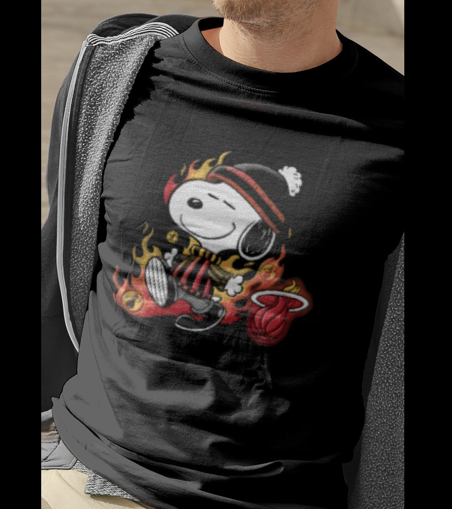 Miami Heat NBA Snoopy Walking Beanie Striped Flames Cartoon T-Shirt
