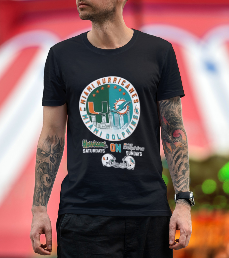 Miami Hurricanes Dolphins City Skyline Saturdays Sundays Two Helmets T-Shirt