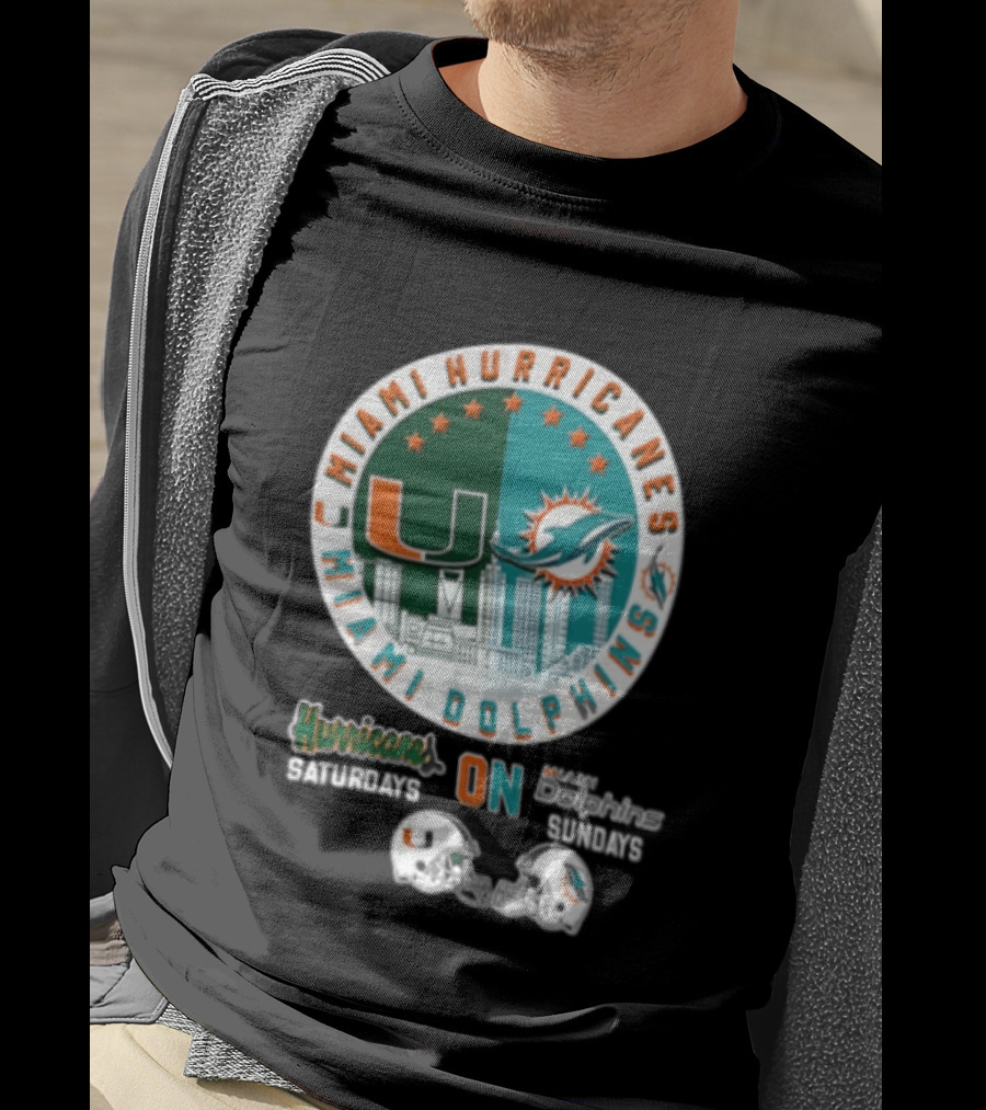 Miami Hurricanes Dolphins City Skyline Saturdays Sundays Two Helmets T-Shirt