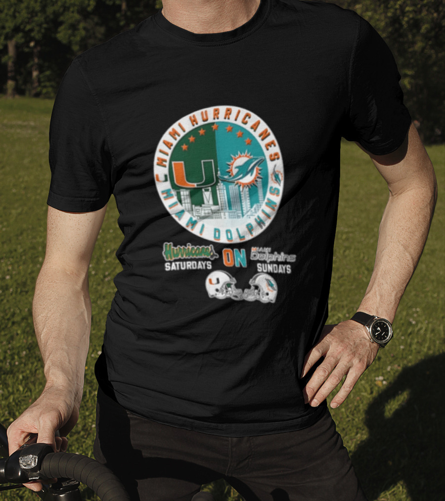 Miami Hurricanes Dolphins City Skyline Saturdays Sundays Two Helmets T-Shirt