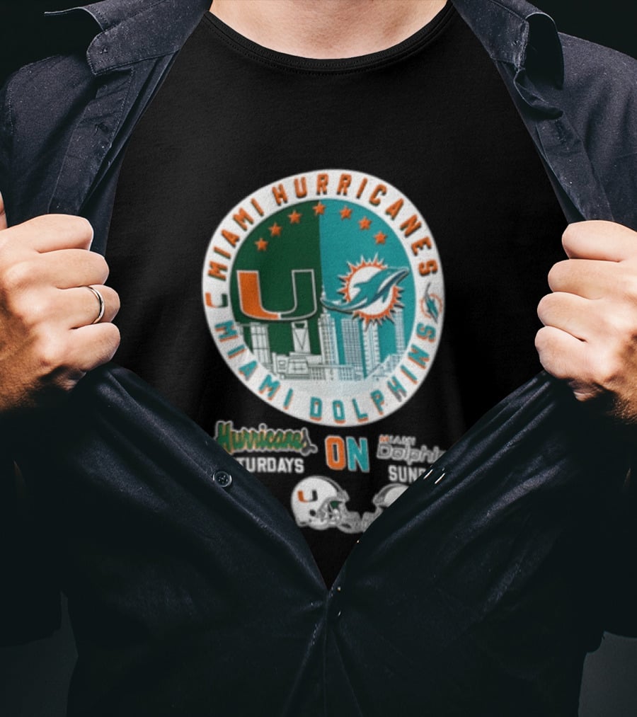 Miami Hurricanes Dolphins City Skyline Saturdays Sundays Two Helmets T-Shirt